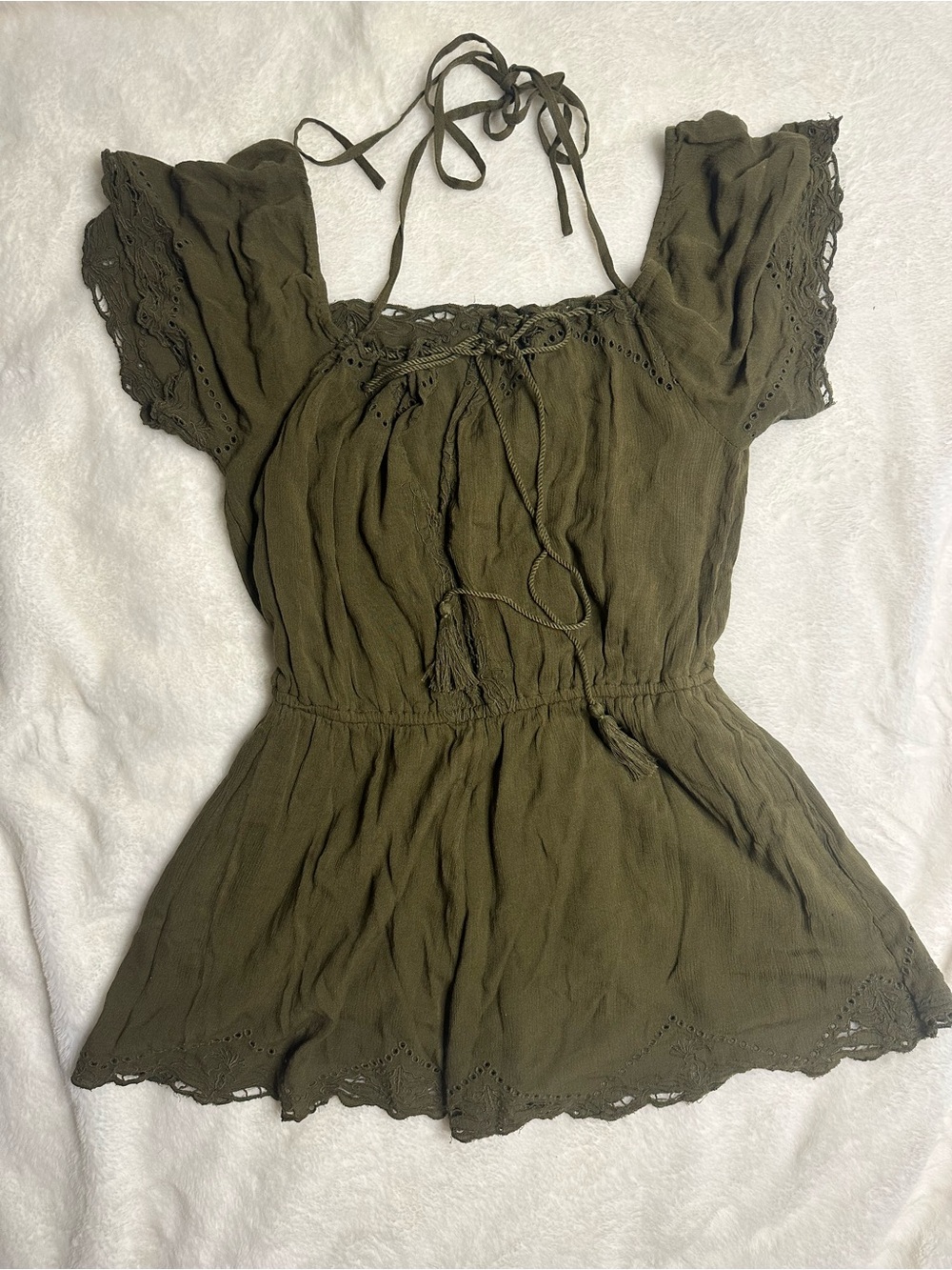 Free People Olive Green Off-Shoulder Lace Trim Romper